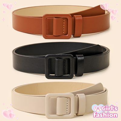 1u002F3pcs Fashion Square Buckle Needle-free No-Hole Decorative Belt, Versatile Solid Color Girl's Faux Leather Strap