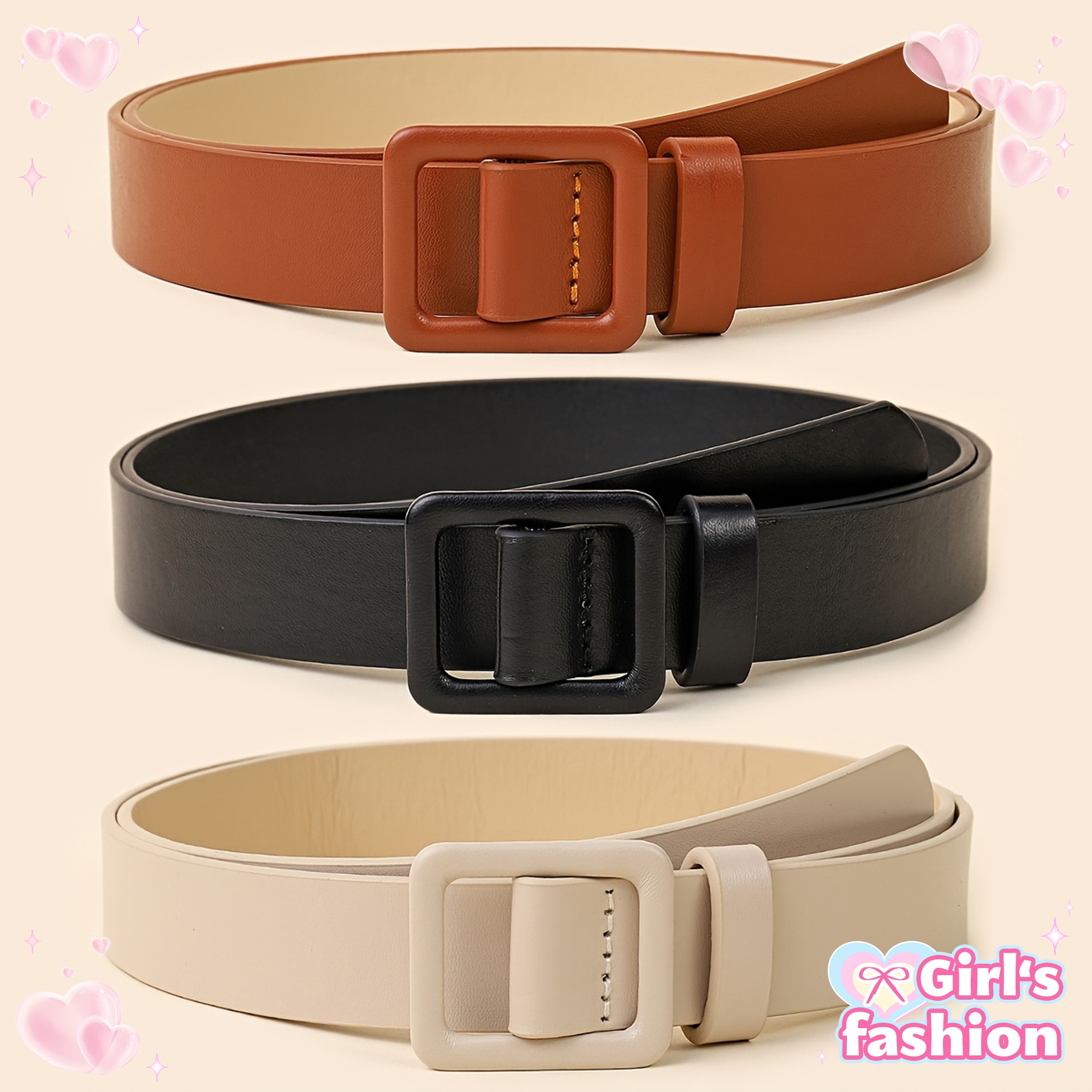 1u002F3pcs Fashion Square Buckle Needle-free No-Hole Decorative Belt, Versatile Solid Color Girl’s Faux Leather Strap
