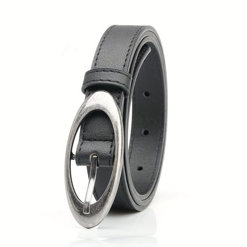 Women's Korean Retro Academic Oval Alloy Pin Buckle Belt - Minimalist Versatile PU Leather Waist Belt for Casual, Evening & Beach Outfits (Black/Brown)