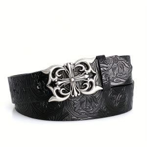 1pc Boho-Chic Black Faux Leather Belt with Vintage Oval Hollow Buckle - Versatile for Jeans, Dresses & Casual Wear