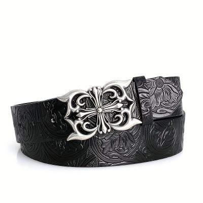 1pc Boho-Chic Black Faux Leather Belt with Vintage Oval Hollow Buckle - Versatile for Jeans, Dresses & Casual Wear