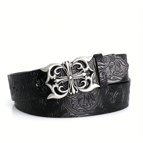 1pc Boho-Chic Black Faux Leather Belt with Vintage Oval Hollow Buckle - Versatile for Jeans, Dresses & Casual Wear