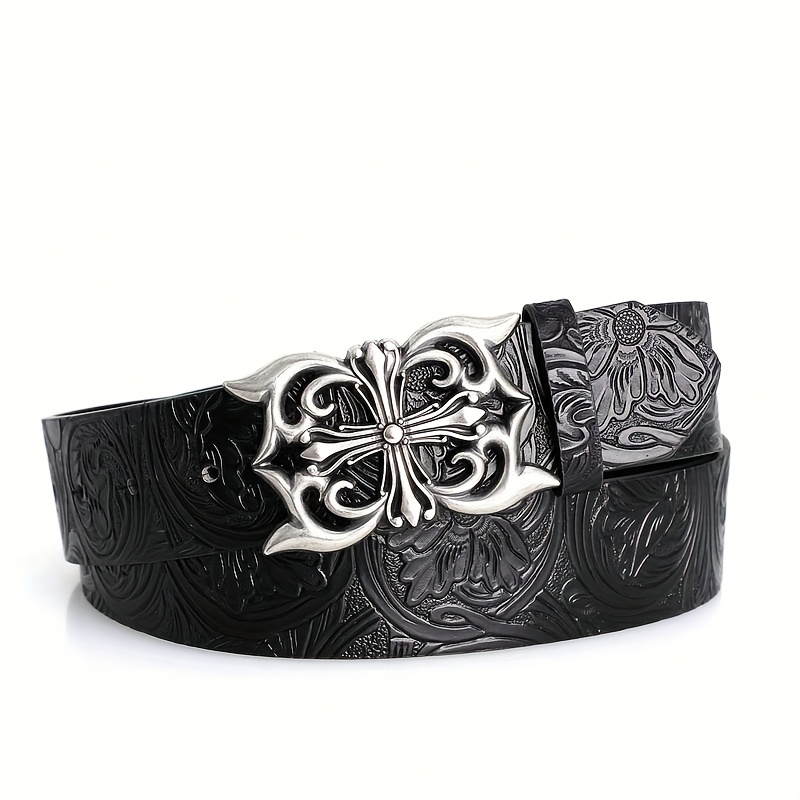 1pc Boho-Chic Black Faux Leather Belt with Vintage Oval Hollow Buckle – Versatile for Jeans, Dresses & Casual Wear