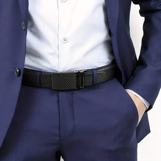 Alternative view of Men's Leather Ratchet Belt - Adjustable automatic buckle, durable alloy clasp, high-quality genuine leather panel, suitable for casual and business styles, simple and stylish carbon fiber design, an ideal gift for Christmas and Father's Day.