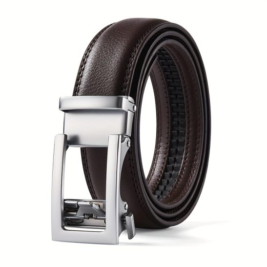 Men'S Automatic Buckle Silvery Buckle Leather Belt Second Layer Cowhide Gray Belt Solid Color Straight Body Belt European And American Trend