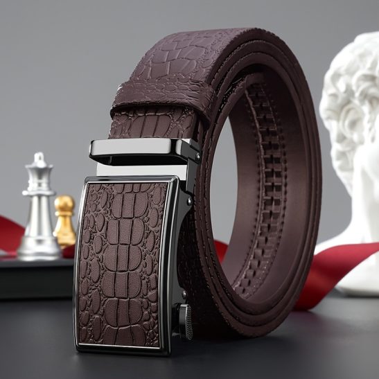 Alternative view of Automatic Buckle Genuine Cowhide Men's Caiman Texture Belt with Business Leather Hardware, Versatile Belt for Pants